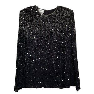 Vtg Stenay Silk Sequined Beaded Sheer Sleeve Evening Top Black Silver Size M
